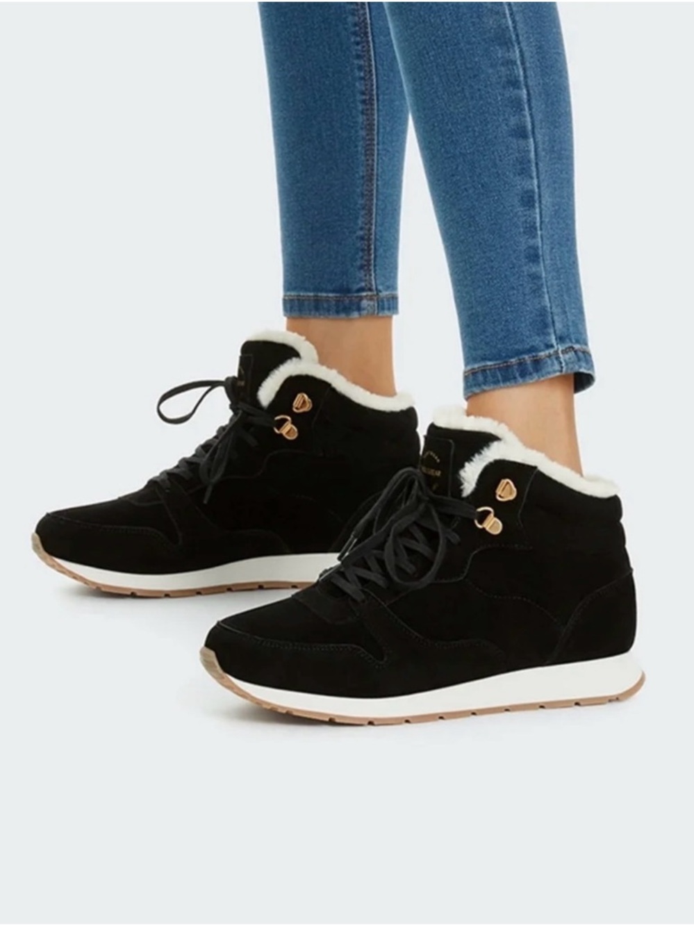 Pull&Bear Black Faux-Shearling Lace-Up Wedge Boots